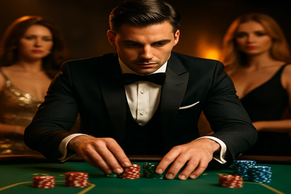 একজন নারী ল্যাপটপে অনলাইন গেম উপভোগ করছেন; চারপাশে জ্বলন্ত ক্যাসিনো পরিবেশ দৃশ্যমান হয়ে উঠেছে