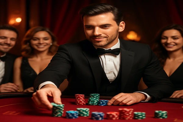 আলো ঝলমলে গেমিং পরিবেশে একজন আত্মবিশ্বাসী ডিলার ব্যবহারকারীদের kb333 অ্যাকাউন্টে নিরাপদে প্রবেশের জন্য আহ्वান জানাচ্ছেন।